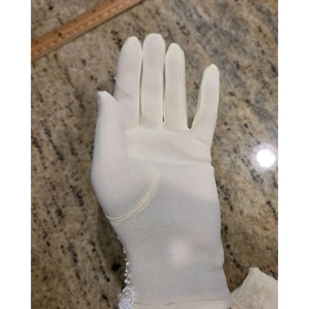 New! Vintage Women's One Size Stretch Nylon Yellow Formal Gloves Beaded Pearly